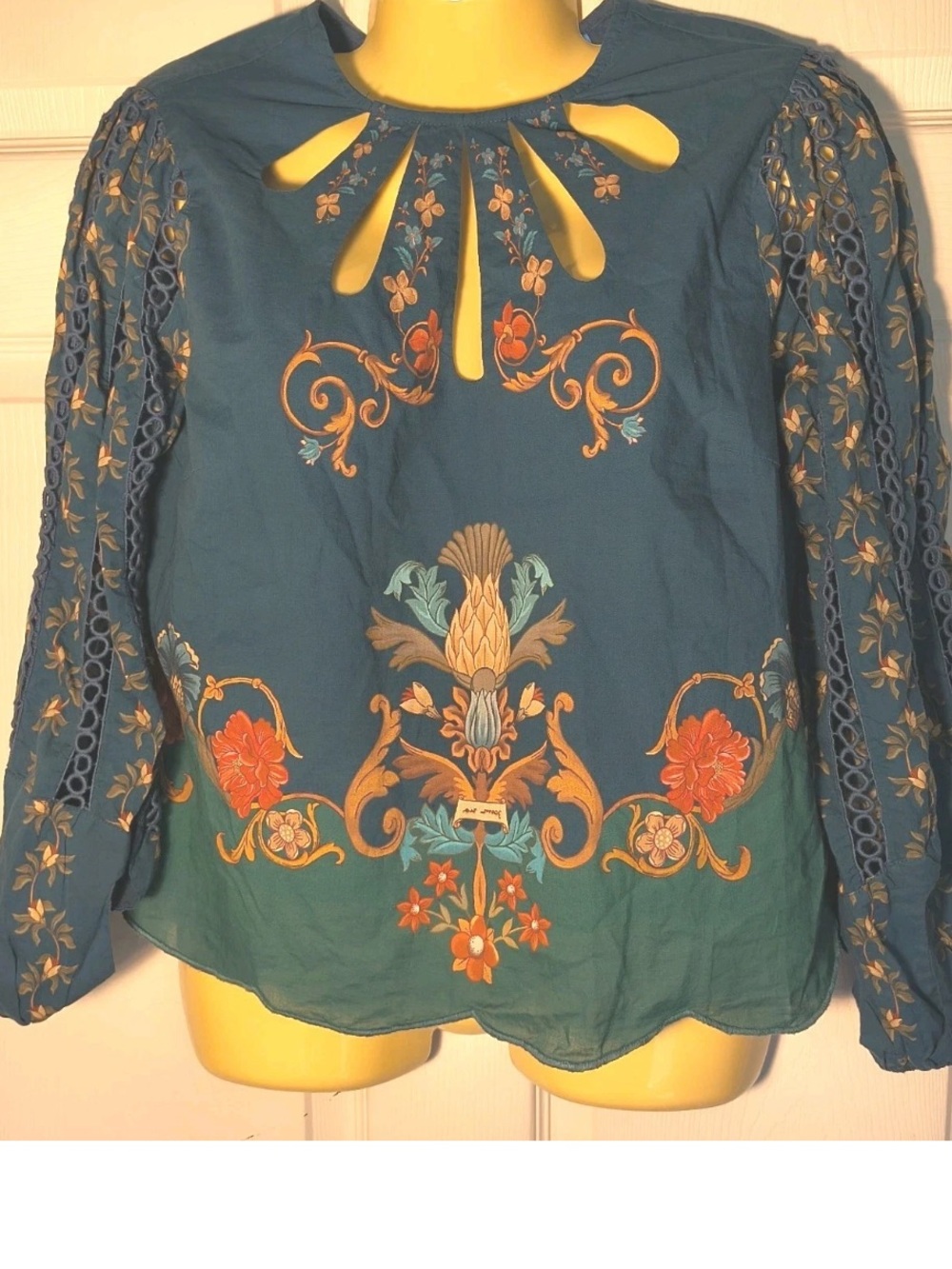FARM RIO Multicolor Teal Floral Green Cut Out Blouse Lace Top Festive Boho SZ S - Picture 5 of 5